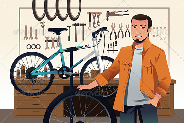 Bicycle Store Owner in his Bike Repair Shop - People Characters