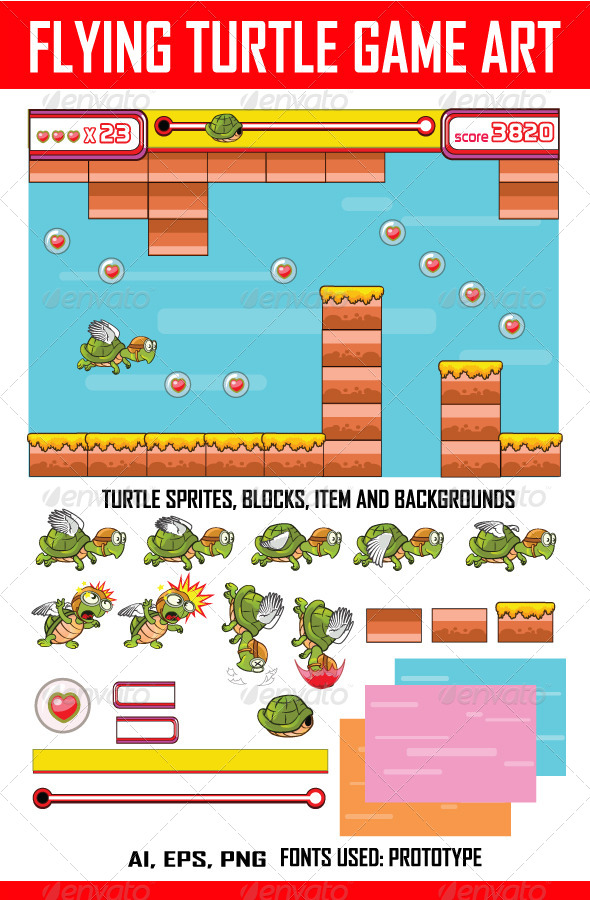 Flying Turtle Game Art - Sprites Game Assets
