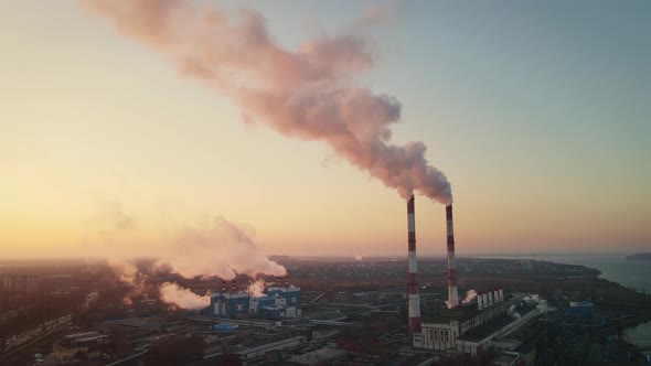 Industrial Factory Smokestack Emission Carbon Gases and in Atmosphere alt