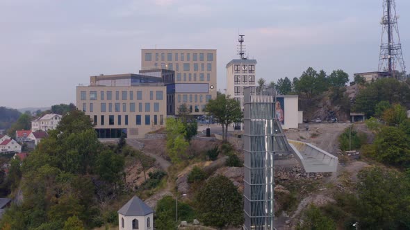 Tower Of Glass Elevator With Footbridge Connected To The Building In Floyheia Park In Arendal, Norwa alt