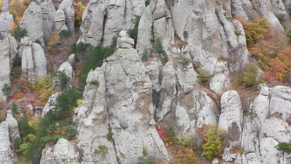 Rocky Cliff on Mountain Slope Covered Green and Orange Forest Aerial View alt