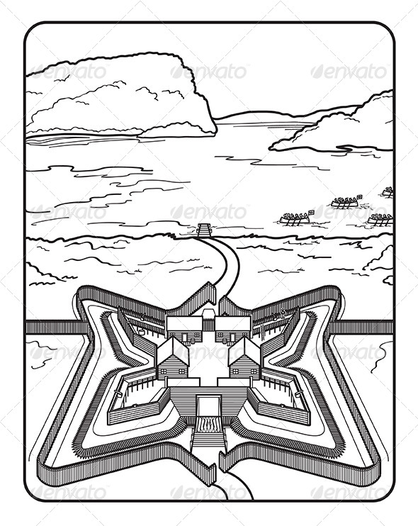 Coloring Book Page Fort Along River History - Man-made Objects Objects