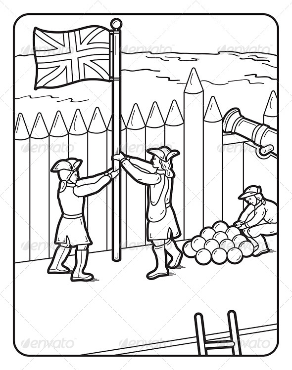 Art Coloring Book Page Fort Flag Cannon - Miscellaneous Vectors
