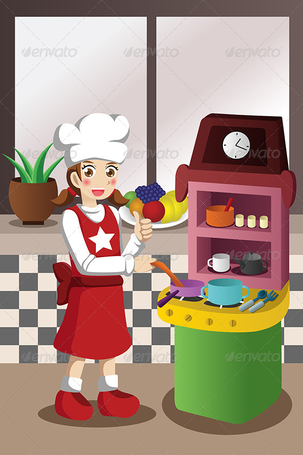 Girl Playing with Kitchen and Cooking Toy - People Characters
