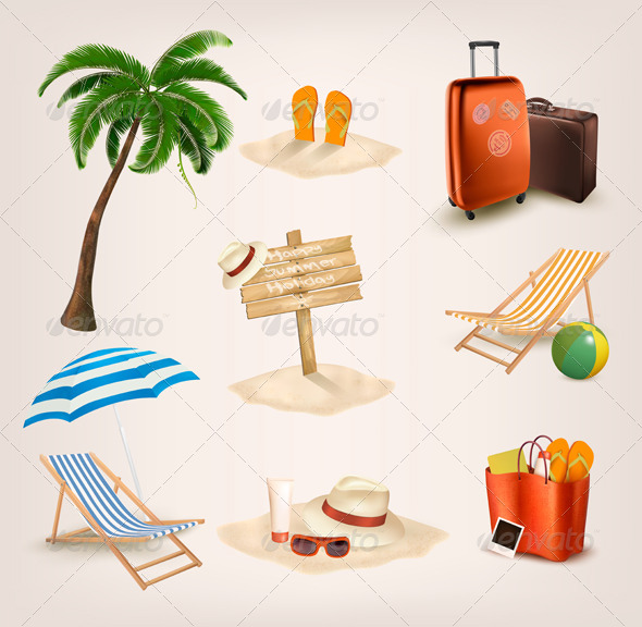 Set of Vacation Related Icons - Travel Conceptual