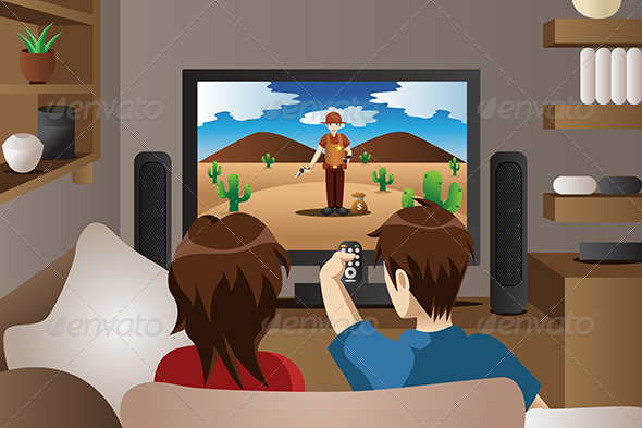 Couple Watching Television at Home - People Characters