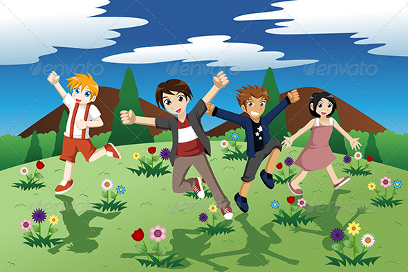 Children Running on the Open Field of Wild Flowers - People Characters