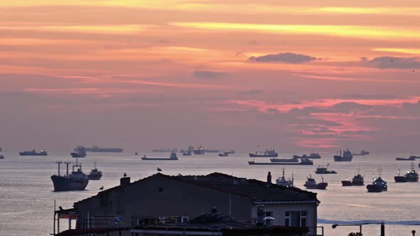 Harbor Full of Ships In Sunset Sky