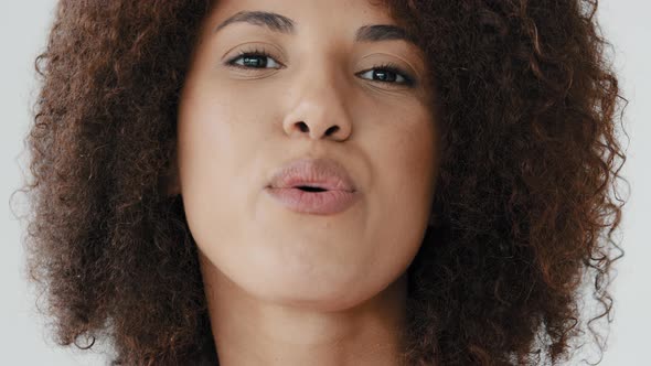 Close Up Sexual Alluring Curly Hair Lady Loving Girl Flirting Seductive African American Biracial alt