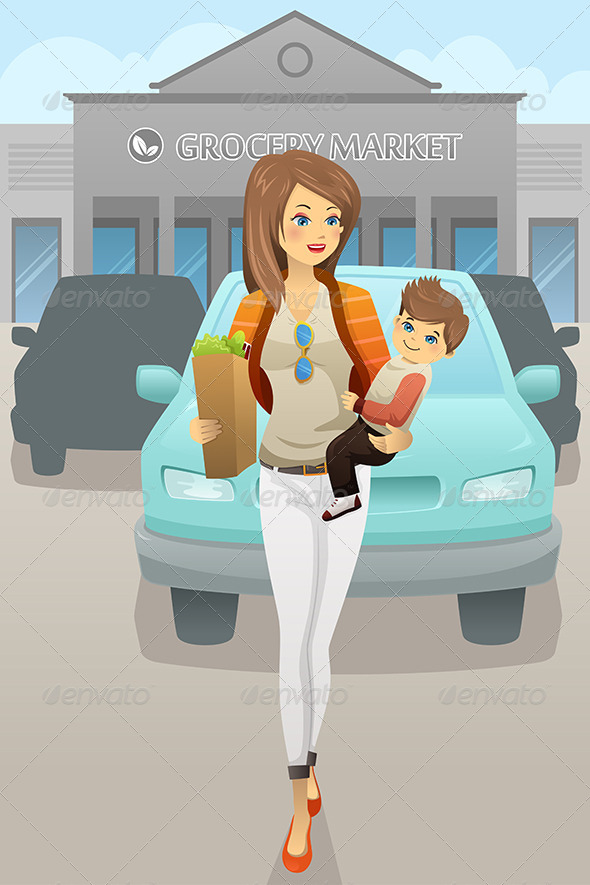 Mother Carrying her Son and Grocery Bags - Commercial / Shopping Conceptual