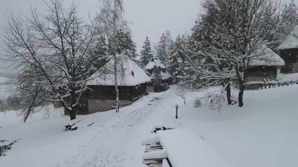 Flying through snow near trees and cabins covered with snow. alt