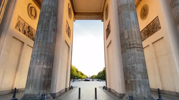Walk Through Brandenburg Gate in Berlin, Germany with No People at Golden Hour Sunset During alt