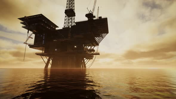 Offshore Jack Up Rig in The Middle of The Sea at Sunset Time alt