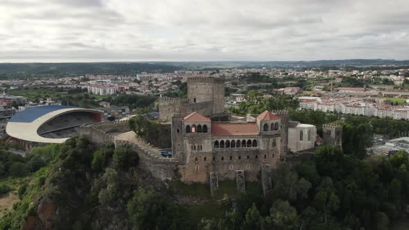 Aerial Orbiting Around Leiria medieval Castle on Hilltop, Historic Landmark. Portugal