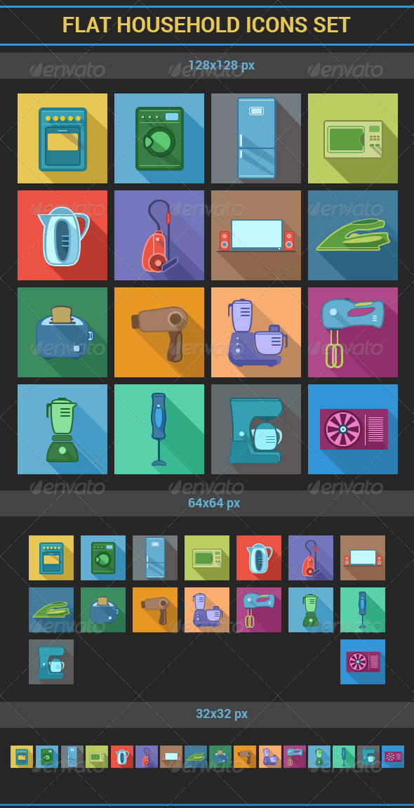 Flat Household Icons Set - Man-made objects Objects