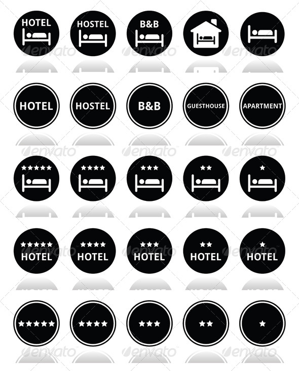 Hotel, Hostel, B&B with Stars Round Icons Set - Travel Conceptual