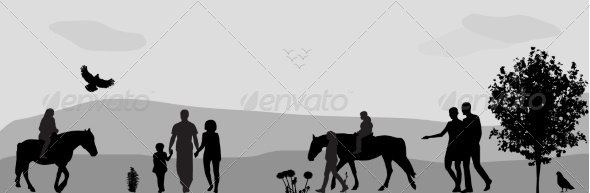 People Walk and Birds Fly in Nature - Backgrounds Decorative