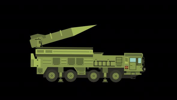 Rocket launcher truck animation. Ballistic missile anti-aircraft with transparent and alpha channel.
