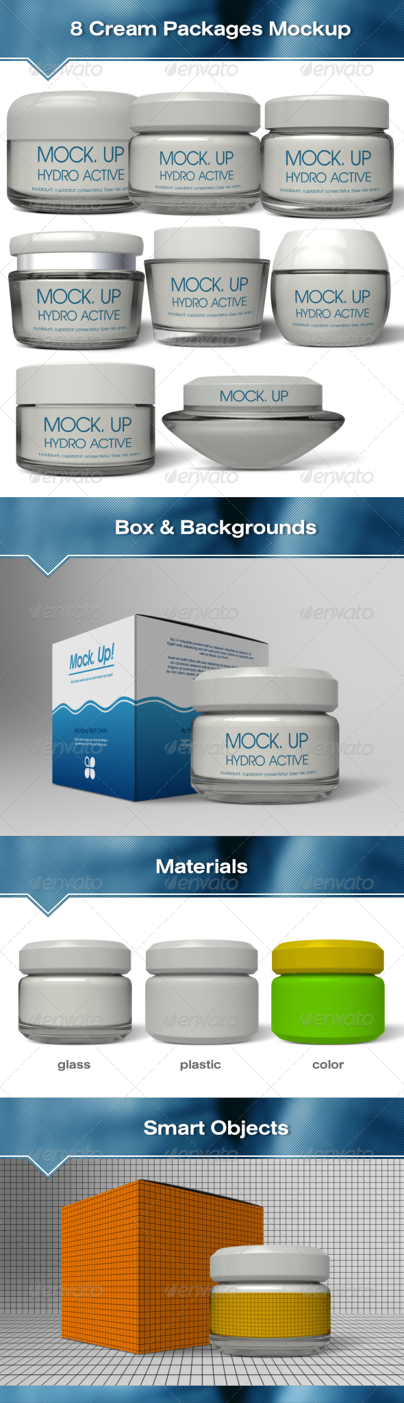8 Glass & Plastic Cream Packages Mockup - Beauty Packaging
