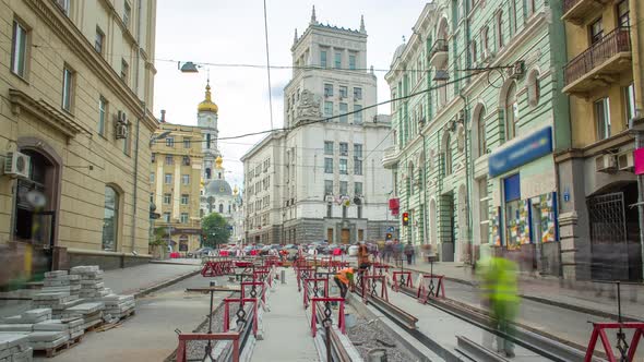 Tram Rails at the Stage of Their Installation and Integration Into Concrete Plates on the Road alt
