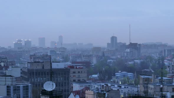 Static Cityscape during Rainy Gray Weather. Dusk. Time Lapse Bucharest alt
