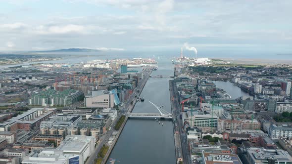 Aerial Panoramic Footage of Town and Liffey River Estuary to Sea alt
