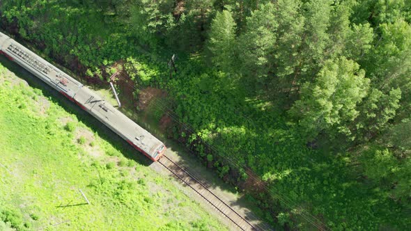 Aerial View of the Train That Goes Through the Forest and Fields