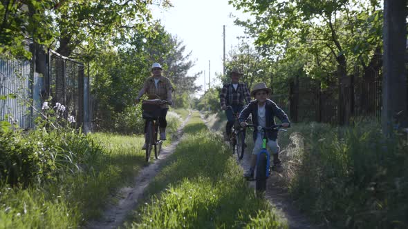 Childhood, Happy Carefree Male Child in Straw Hat with His Loving Grandparents Have Fun Riding alt
