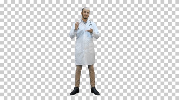 Smiling doctor in white coat pointing, Alpha Channel