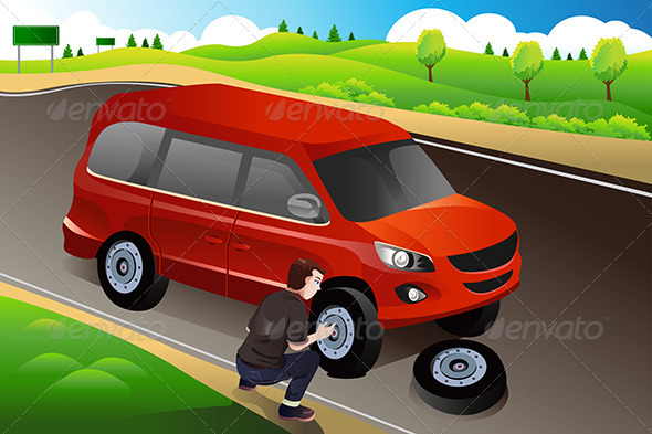 Man Changing Flat Tire - People Characters