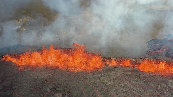4K Aerial Drone Footage Of Fagradalsfjall Iceland Volcano Eruption. Glowing Red Hot Lava Boiling alt