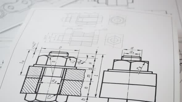 Technical drawings of bolt and nut. Engineering, technology and metalworking.