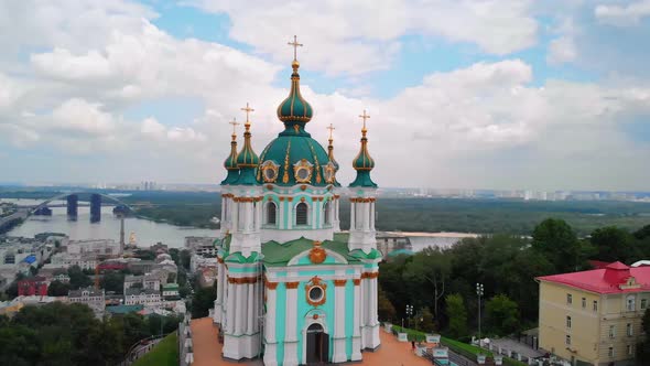 Aerial Top View of Saint Andrew's Church and Andreevska Street From Above in Kiev Ukraine alt