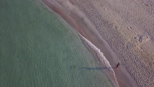 Aerial Drone View of a Beautiful Beach and Sea Water on Sunrise with Man Walking on the Beach