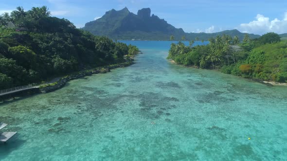A woman swimming in a tropical green lagoon in Bora Bora tropical island alt