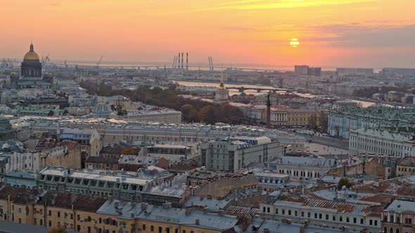 City view of the Saint Petersburg. Drone view panorama of the city on sunset sky