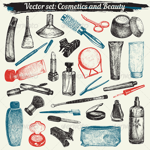 Cosmetics and Beauty Doodles Vector Set - Man-made Objects Objects