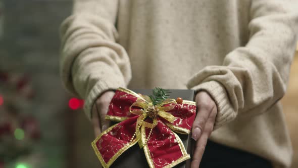 Close Up of Young Woman Holding a Christmas Gift alt