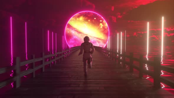 Astranaut Runs Along the Endless Wooden Bridge Across the Ocean to His Dream alt