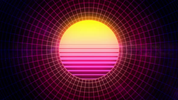 80's Retrowave, Sunset On Moving Grid 4K