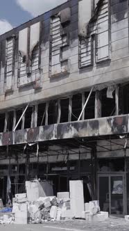 Vertical Video of a Burnt Shopping Center During the War in Bucha Ukraine alt