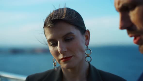 Closeup Elegant Businesswoman Work Partner on Sea Terrace alt