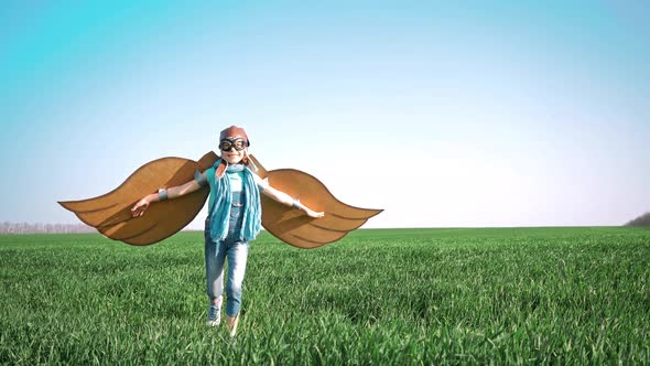 Happy Child Playing with Toy Paper Wings. Pilot in Green Spring Field