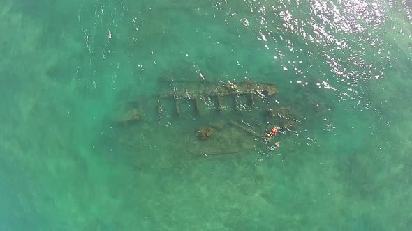 Aerial view of The Wrecks, Tangalooma, Moreton Island, Queensland, Australia alt