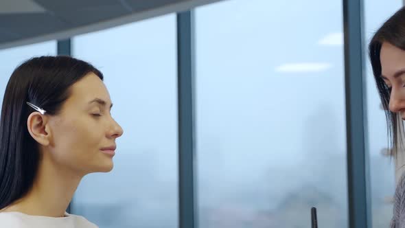 Makeup Artist or Stylist Applies Foundation Powder Brush to the Model's Face alt