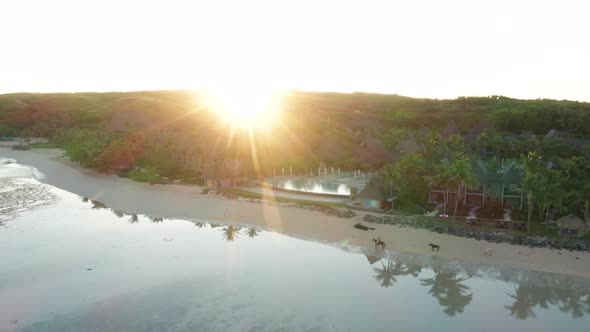 Morning Glory in Fiji, horses riding on tropical beach, reflections in glassy sea water, forward aer alt
