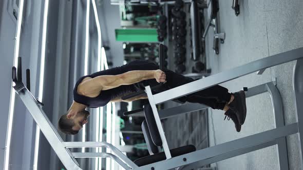 Male Bodybuilder Pushing Up and Pulling Down While Intensive Workout in Fitness Club alt