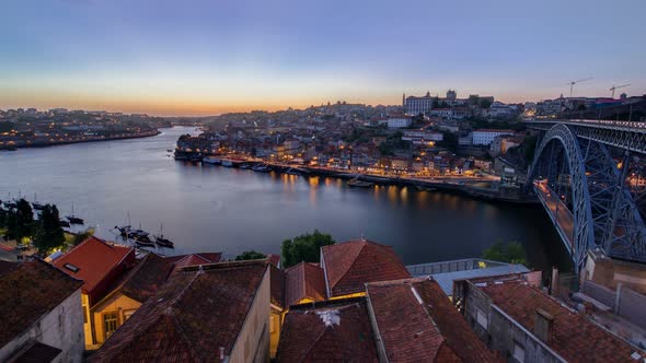 Panorama Old City Porto at River Duorowith Port Transporting Boats After Sunset Day To Night alt