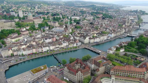 Flight over Zurich old town, Switzerland, Europe alt