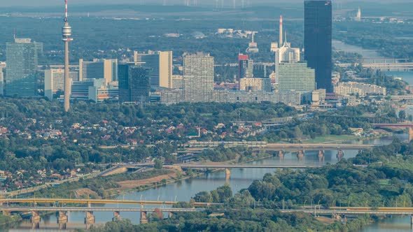 Skyline of Vienna From Danube Viewpoint Leopoldsberg Aerial Timelapse alt
